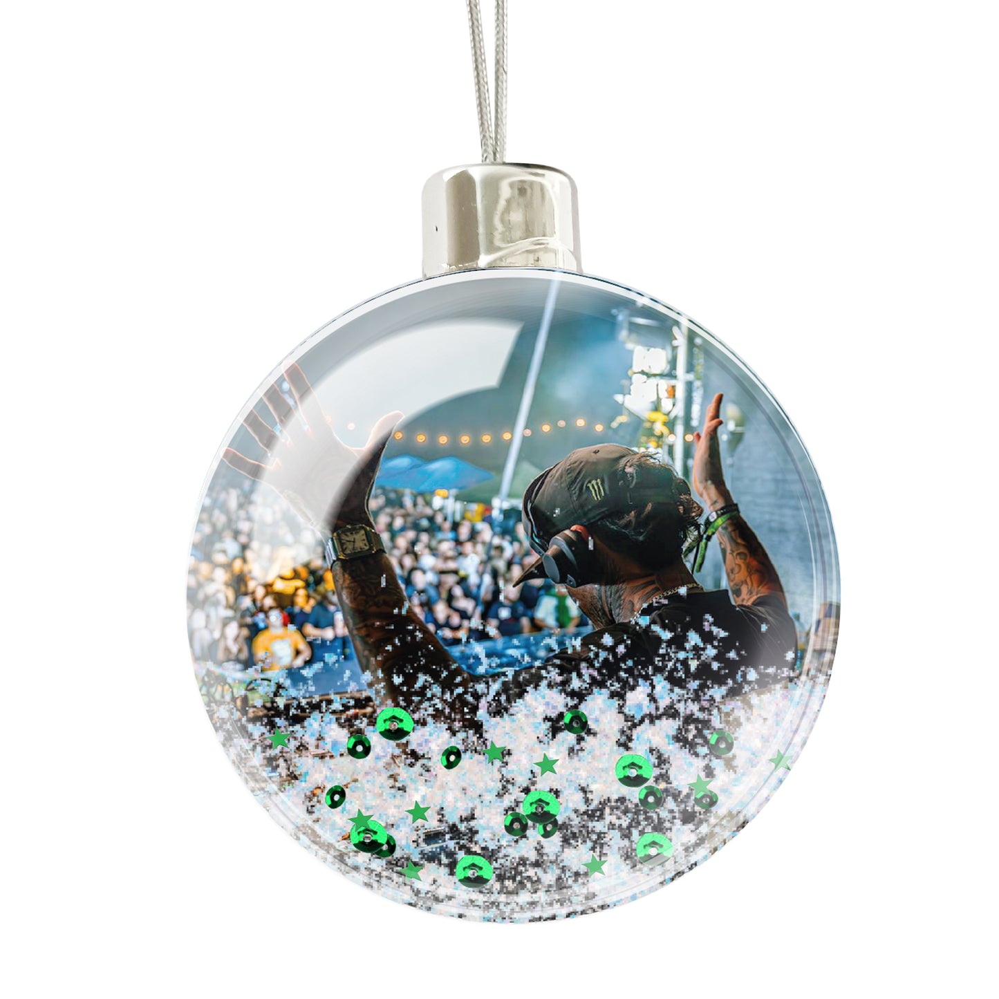 Round decorative ornament with a person in a sports event and festive lights.