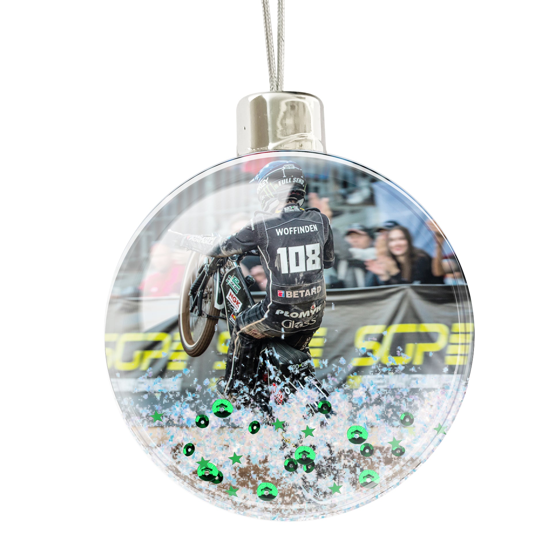 Circular ornament with a cyclist in a race, surrounded by green stars on a white background